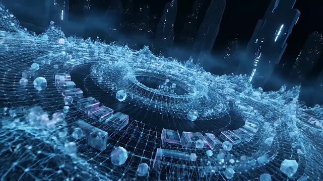 Architectural Animation of a Rhythmic Blue and Purple Geometric Data Wave Expanding Outwards