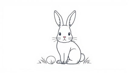 Obraz premium Minimalist line art illustration of a cute bunny sitting on grass. Clean black outline drawing with simple shapes, perfect for coloring pages, kids designs and educational use.
