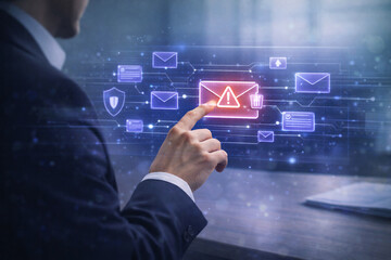 Obraz premium Businessman Interacting with Email Security Alert and Cyber Threat Interface