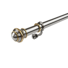 Silver curtain rod with gold accents and decorative finial on end of rod with bracket attachment.