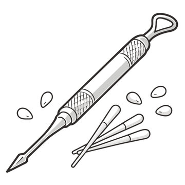 Polished steel curette with ergonomic grip and accompanying tools