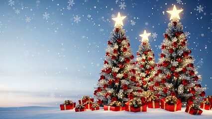 Enchanting winter wonderland scene with festive Christmas trees adorned with sparkling lights and presents under falling snow