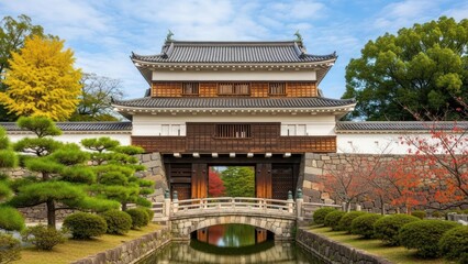 Fototapeta premium Traditional Japanese Temple with Pond and Bridge.