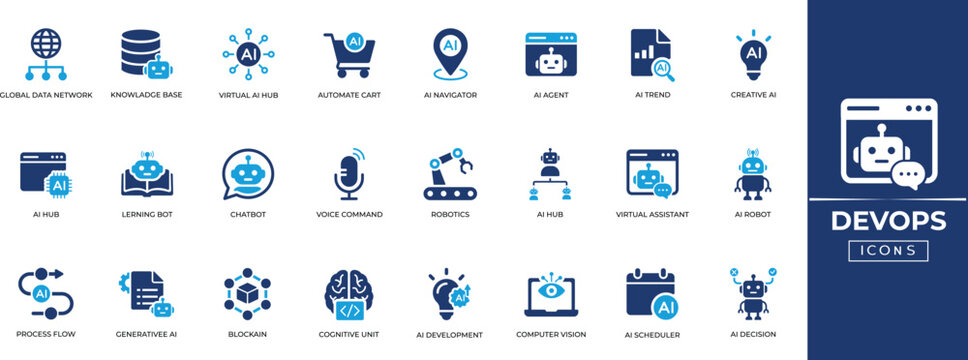 AI Agent icon set, Autonomous agentic AI workflow symbols, Machine learning nodes, Neural network bot vectors for saas UI UX design. Solid icon collection.
