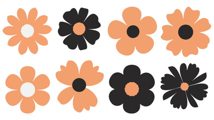 Collection of stylized flowers in various peach and black hues arranged in a grid pattern on a clean background viewed from directly above