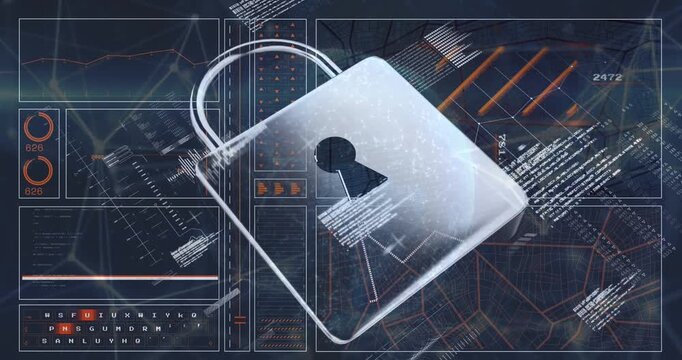 Animation of padlock, computer language, loading circles and bars, navigation pattern over globe