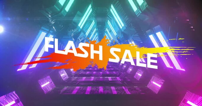 Animation of flash sale text on color splash over looping futuristic tunnel in background