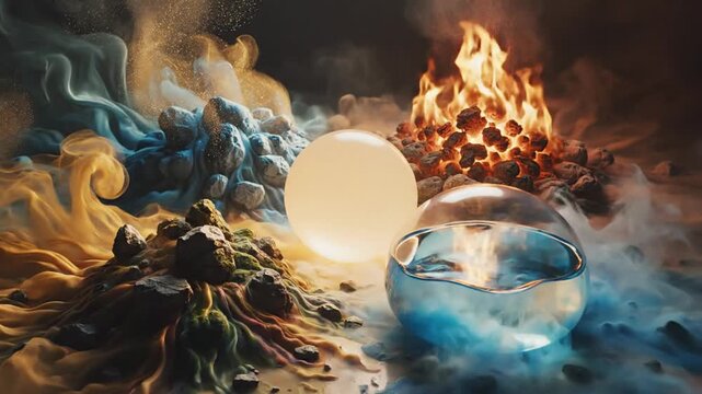 Colorful abstract landscape with orbs and fiery rocks in flux