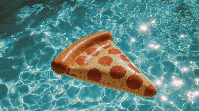 Pizza Slice Shaped Inflatable Floating Peacefully On Blue Swimming Pool Water Surface Under The Bright Sunlight Reflection For Summer Fun