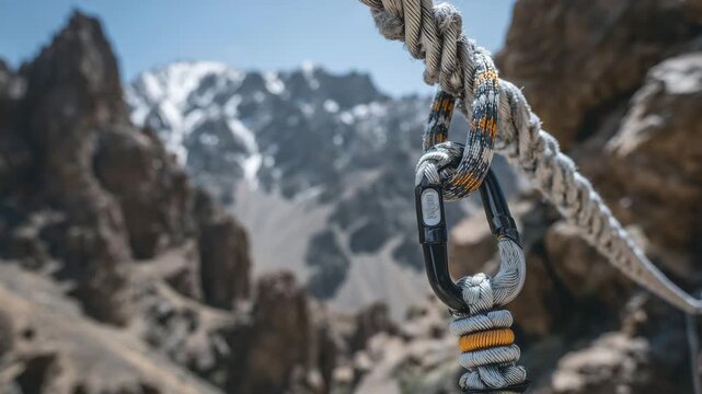 Detailed close-up of a locking carabiner clipped to a rappel anchor, rope tension visible, metal gate mechanism in focus, blurred expansive canyon behind, rock climbing safety syst