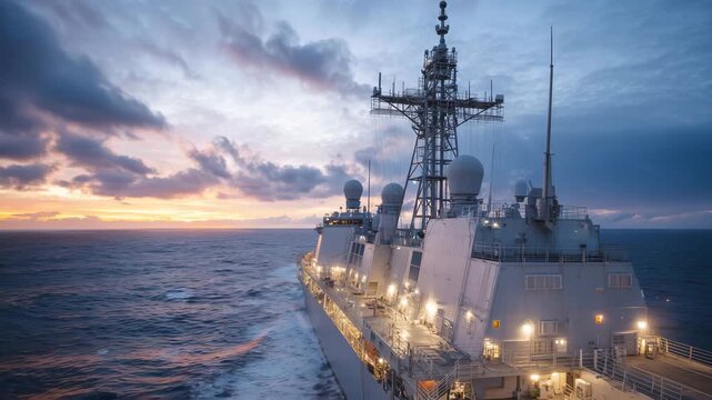 Detailed close-up of a naval vessel&rsquo;s upper deck, tall masts with radar units, antennas, satellite dishes, glowing navigation lights, sunset over calm sea, maritime technology and