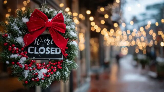 Detailed close-up of festive wreath with red bow and pine snow, seasonal closure sign on shopfront, softly blurred holiday lights in background, winter small-town charm visual