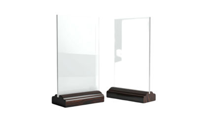 Two clear, rectangular acrylic signs with wooden bases, one filled, one empty