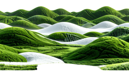 Abstract landscape of rolling hills, alternating green and white, with textured surfaces
