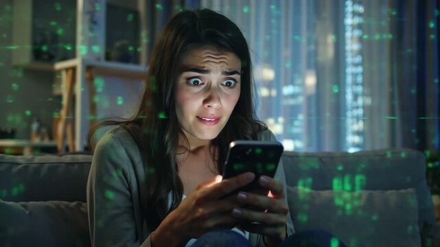 4K cinematic stock video, young adult female sitting in modern urban apartment, casual outfit, shocked expression looking at smartphone, reflecting glowing cryptocurrency charts, green and red digital
