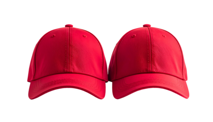 Two identical red baseball caps with curved brims are centered against a black background