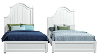 Two white twin beds with arched headboards, each with colorful bedding