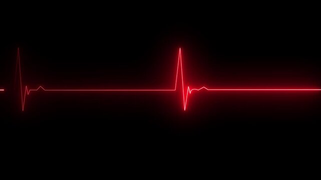 Abstract heartbeat and pulse rate on black background. Glowing neon heartbeat icon. Heart bit signal animated.