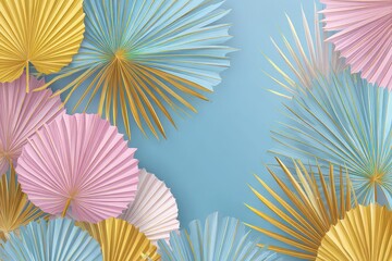 Pastel Geometric Paper Fan Decorations on Light Blue Background Celebration Backdrop with Gold Glitter Accents Decorative Paper Art for Party Elegant Design