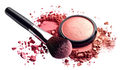 Close-up of makeup products blush compact, powder, brush, and scattered pigment