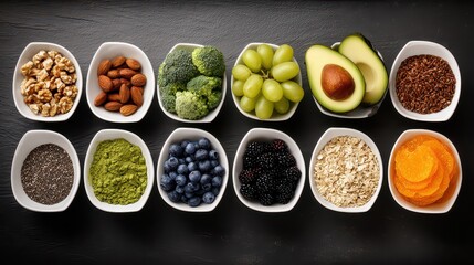 Overhead View of Colorful Array of Healthy Foods in White Bowls on Dark Background
