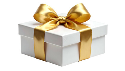Obraz premium A pristine white gift box, topped with a luxurious, golden satin bow and ribbon