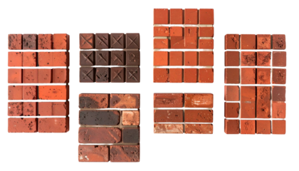 Close-up of arranged red brick samples, showcasing varied patterns against black background
