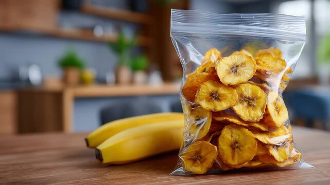 Detailed close-up of transparent plastic bag of plantain chips with chips spilling slightly onto counter, textures of fried edges visible, soft-focus kitchen background, appetizing
