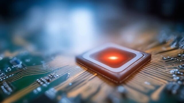 Technology in Detail: A close-up perspective of a computer chip, glowing with potential, emphasizing the intricate details of modern technology and innovation.