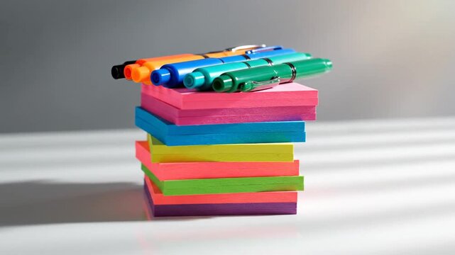 Colorful stacked sticky notes with markers on desk accentuating organizational colors