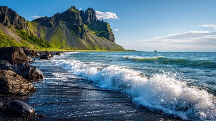 Scenic Ocean Wave Crashing on Rocky Shoreline Under Blue Sky with Mountain Backdrop in Iceland