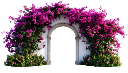 Naklejka premium A classical arch draped with vibrant pink flowers and green foliage