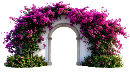 A classical arch draped with vibrant pink flowers and green foliage