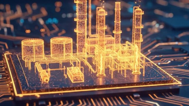 Digital representation of an industrial refinery on a glowing circuit board background