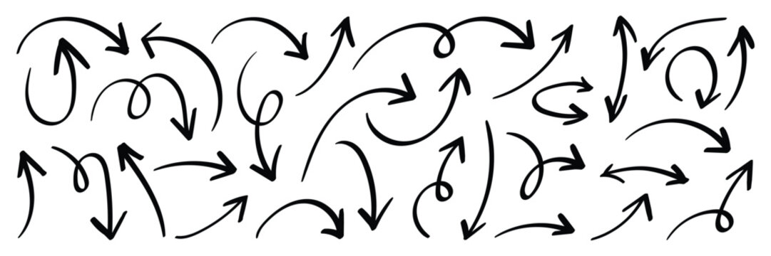 Scribbled Arrow Shapes Doodle Style Vector Set. Different hand drawn arrow element collection. 