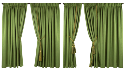 Four sage green velvet curtains, tied back with tassels, hanging against black