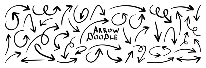 Black hand drawn doodle sketch curved and swirly arrows collection. Hand drawn curved swirl line arrow vector set for infographic.  © Omnivía