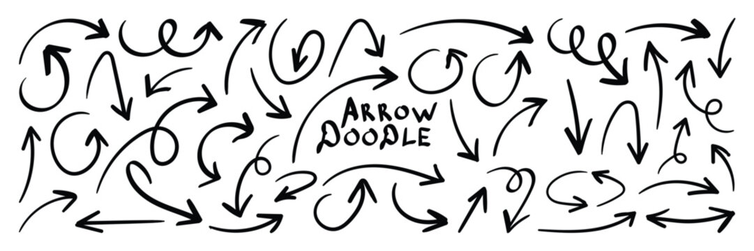 Black hand drawn doodle sketch curved and swirly arrows collection. Hand drawn curved swirl line arrow vector set for infographic. 