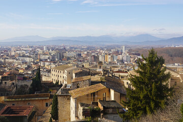 Fototapeta premium The panorama of Girona city opening from castle walls, Spain
