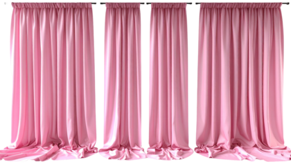 Four pink, vertically-draped fabric panels with soft folds hanging on black rods
