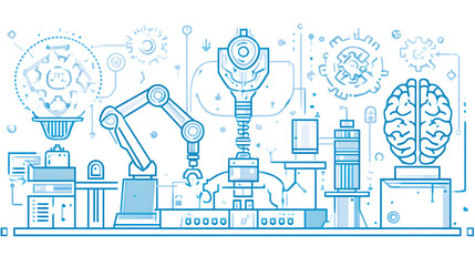 Naklejka premium Modern industrial automation with robotic arms and brain computer interface