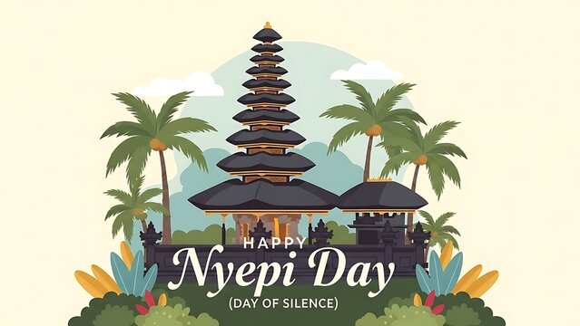 Happy Nyepi Day vector illustration featuring a traditional Balinese temple, lush tropical palm trees, and vibrant foliage, representing the annual Day of Silence and peace