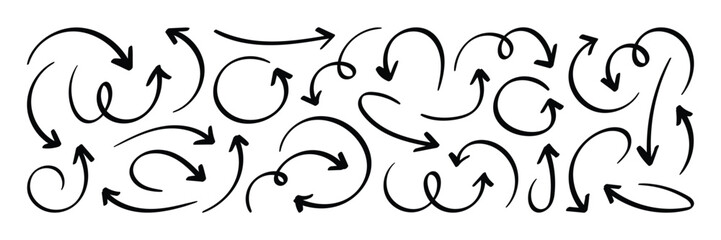 Black hand drawn doodle sketch curved and swirly arrows collection. Hand drawn curved swirl line arrow vector set for infographic.  © Omnivía