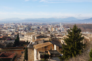 Fototapeta premium The panorama of Girona city opening from castle walls, Spain