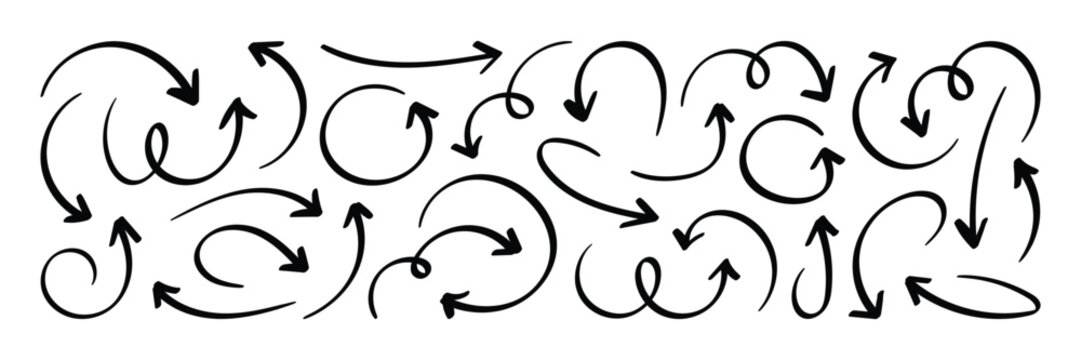 Black hand drawn doodle sketch curved and swirly arrows collection. Hand drawn curved swirl line arrow vector set for infographic. 