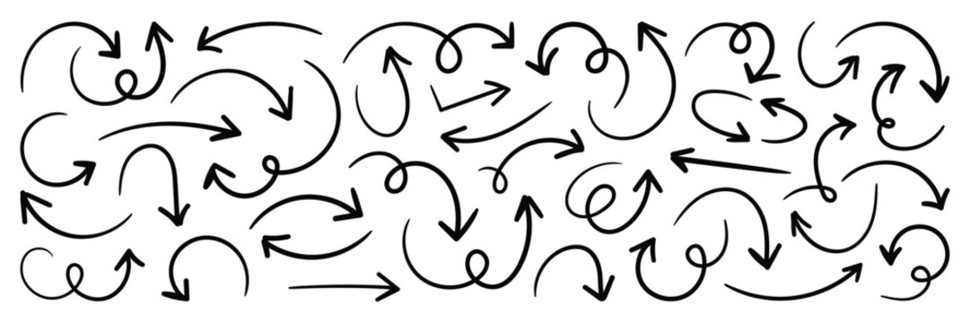 Hand Drawn swirl or twist curved arrows vector. Collection doodle marker arrows in different directions. Black hand drawn doodle arrows vector illustrator. 