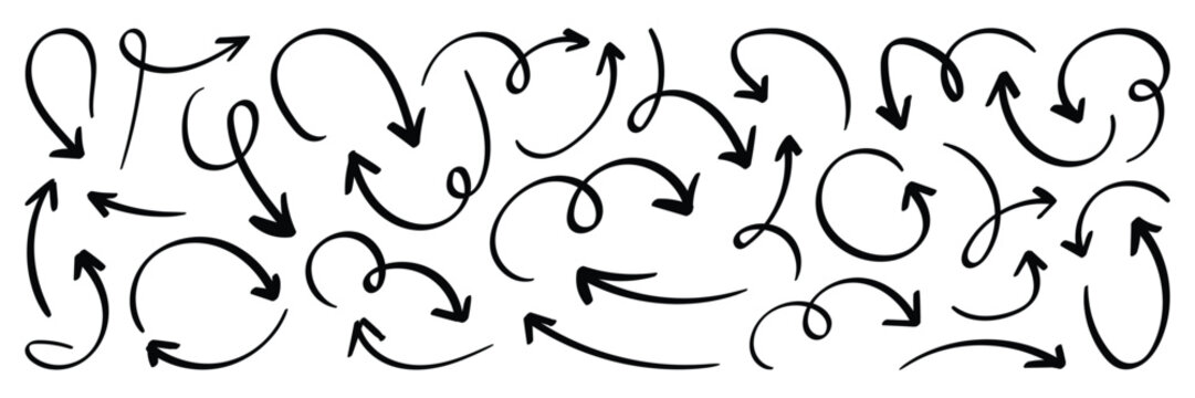Black hand drawn doodle sketch curved and swirly arrows collection. Hand drawn curved swirl line arrow vector set for infographic. 