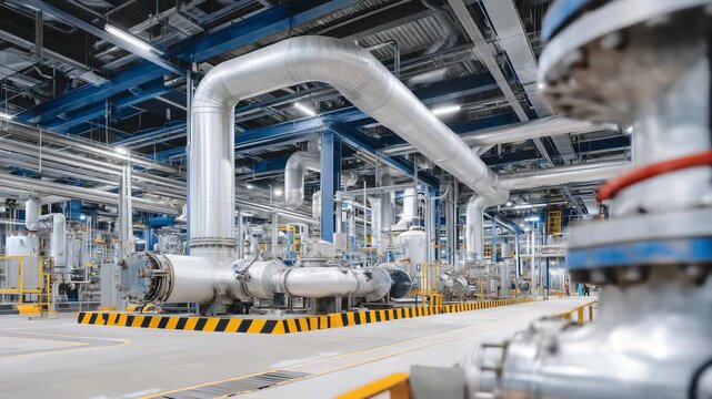High-resolution close-up of multiple interconnected reaction vessels in an industrial plant, pipes and valves forming a complex network, chemical processing, mass and heat transfer