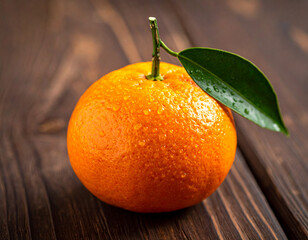 Freshly picked organic mandarin with green leaf and water drops