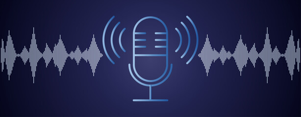 Micr&oacute;fono de estudio de grabaci&oacute;n con ondas de sonido digitales sobre fondo azul oscuro